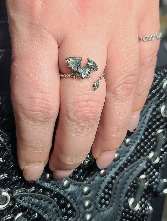 Hatchling Baby Dragon with Adjustable Tail Wrap Band Sterling Silver Ring