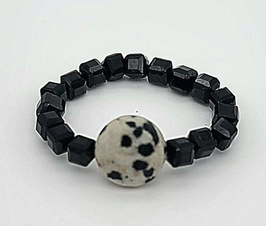 Midnight Rover – Black Spinel & Dalmatian Jasper Stretch Ring (Sizes 7.5 - 10.5)