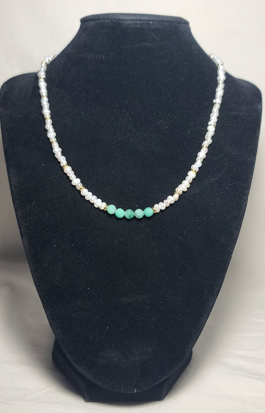 Baroque Pearl with Natural Emerald Beads 17"+2.5" 18k Gold Stainless Dainty Necklace