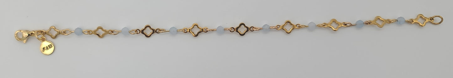 Aquamarine & Gold Clover Jewelry Set, Adjustable, Fringe Necklace, Bracelet & Earrings