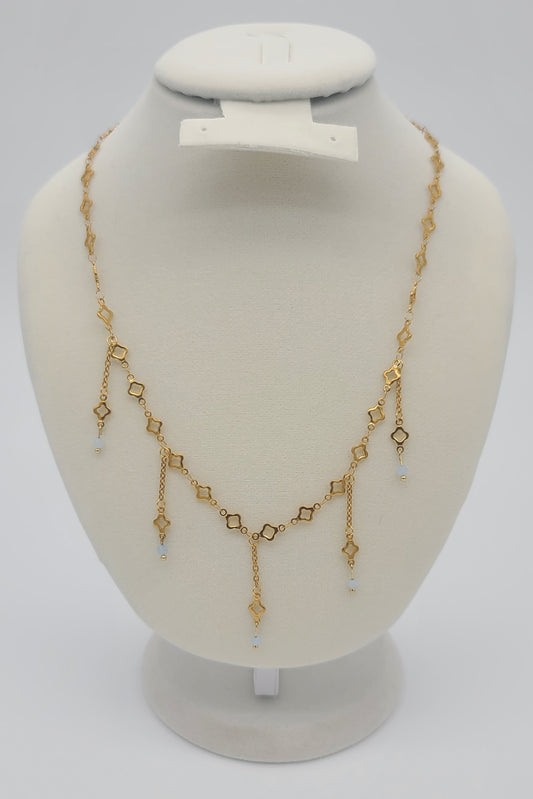 Aquamarine & Gold Clover Adjustable, Fringe Necklace