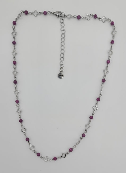 Red Ruby Radiance – Stainless Steel Clover and Natural Ruby Necklace