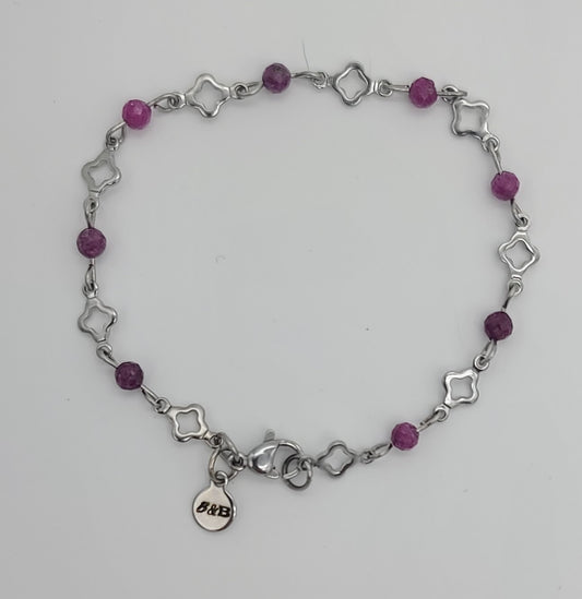 Red Ruby Radiance – Stainless Steel Clover and Natural Ruby Bracelet