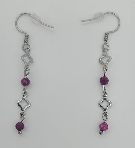 Red Ruby Radiance – Stainless Steel Clover and Natural Ruby Earrings