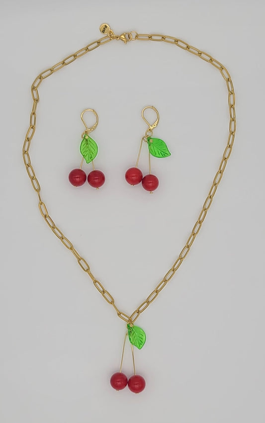 Cherry Pop Gold Stainless Necklace & Earrings Set