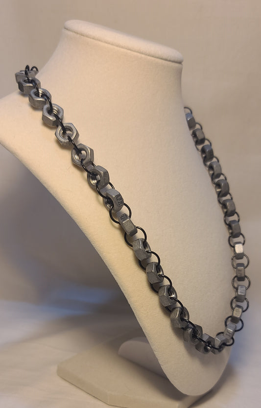 Industrial Galvanized Steel Hex Nut with Black Link 22" Necklace