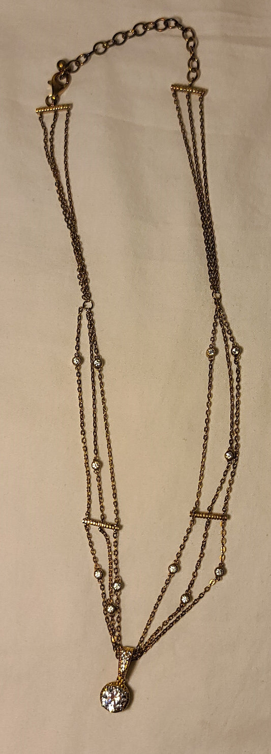 Layered 3 Chain Necklace with Cubic Zirconia Stations & Pendant