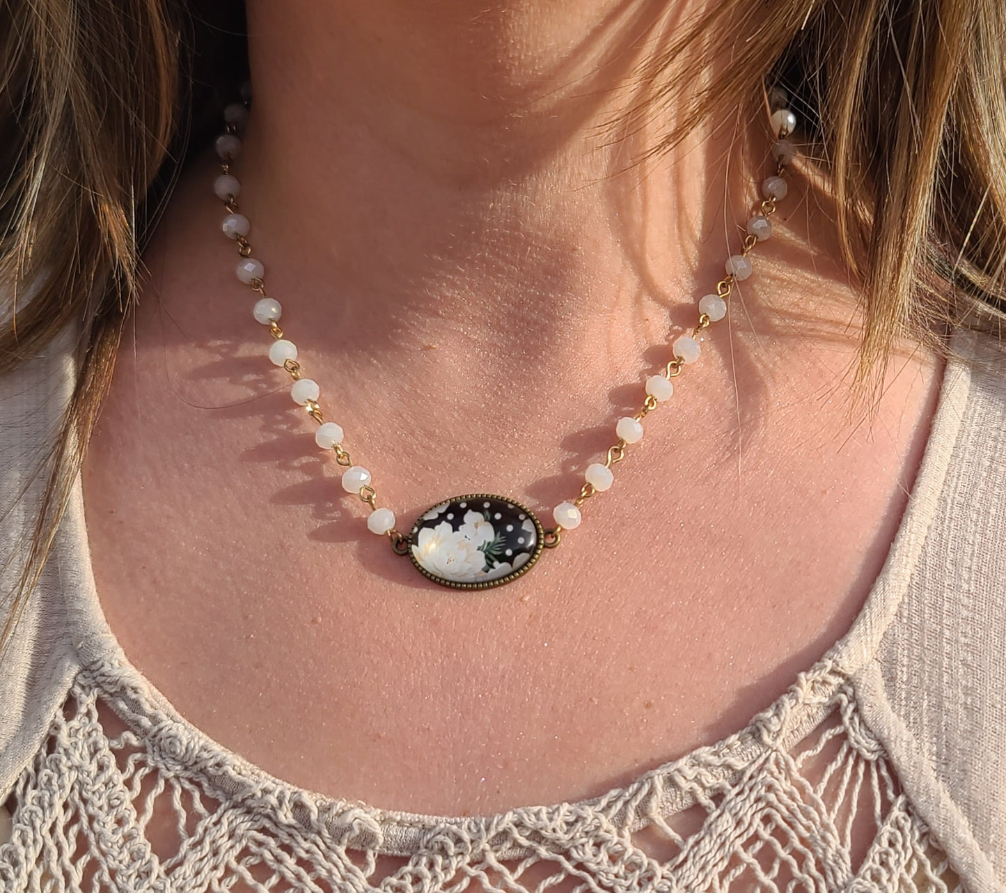 Vintage-Style Rose Cabochon Necklace, Faceted Off-White Glass Beads, 17" with Adjustable Extender