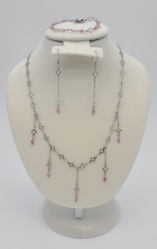 Blush Steel Clover Jewelry Set: Stainless with Pink Tourmaline (Necklace, Bracelet & Earrings)