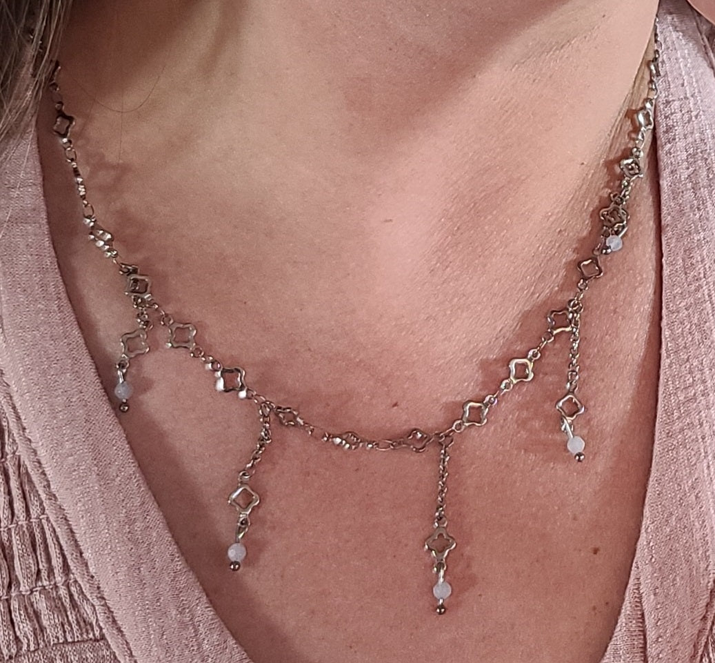 Aquamarine & Stainless Clover Fringe Necklace