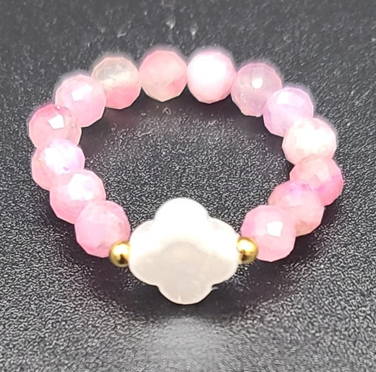 Faceted Pink Tourmaline with Faux Pearl Clover Stretch Fit Ring 7 – 9