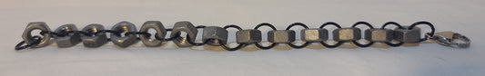 Industrial Hex-Nut Bracelet, Galvanized Steel with Black Links 8.25"