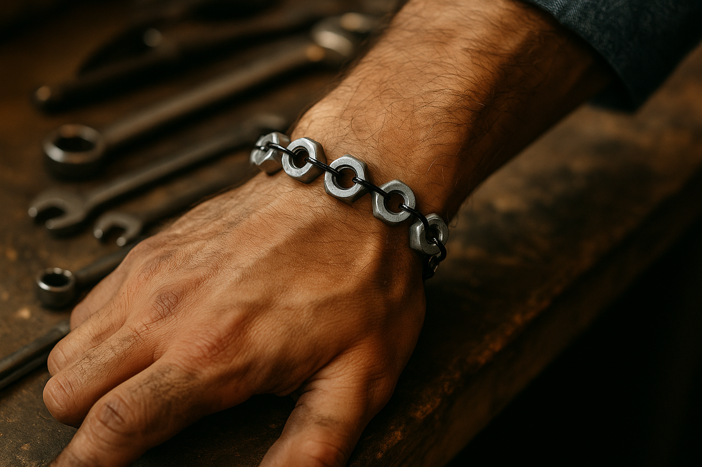 Industrial Hex-Nut Bracelet, Galvanized Steel with Black Links 8.75"