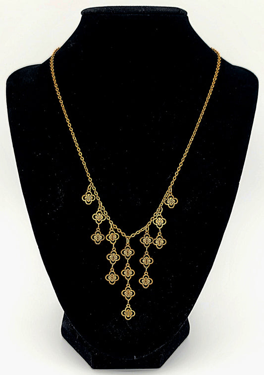 Cascade Fringe Clover Drop Gold Stainless Steel Necklace