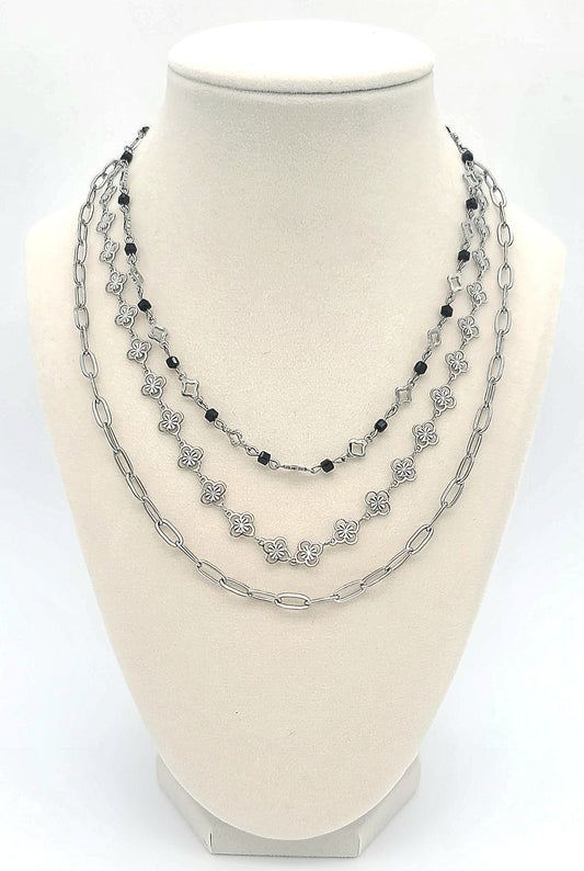 Clovers and Starcoin with Black Spinel Triple Layer Stainless Steel Necklace