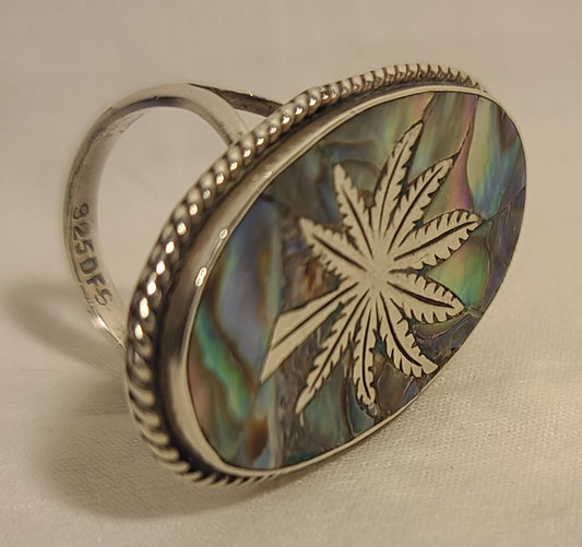 Abalone Marijuana Leaf Vintage Sterling Silver Ring, Size 7