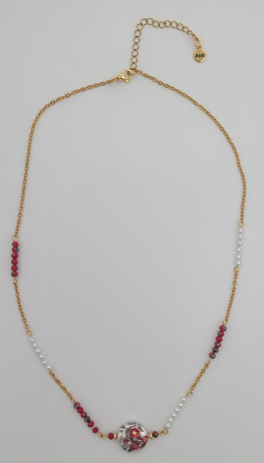 Floral Bead with Alternating Faceted Red Bead & Shell Pearl Gold Stainless Steel Chain Necklace