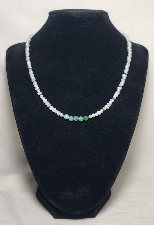 Baroque Pearl with Natural Emerald Beads 17"+2.5" Stainless Steel Dainty Necklace