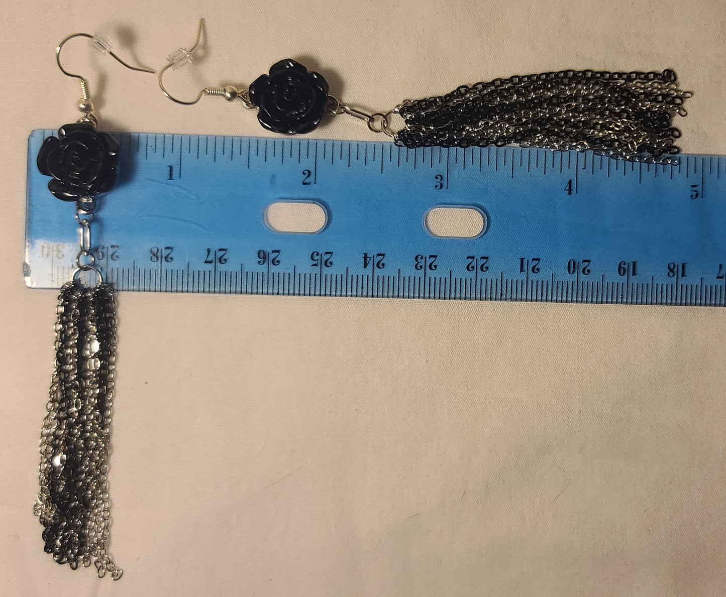 Black Flower with Stainless Steel Two-Tone Black & Silver Dangle Chain Earrings