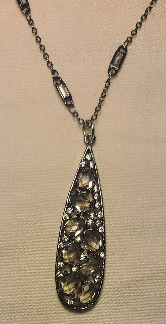 Black Teardrop Smoky & White Glass Stones Pendant Handcrafted Stainless Steel Necklace