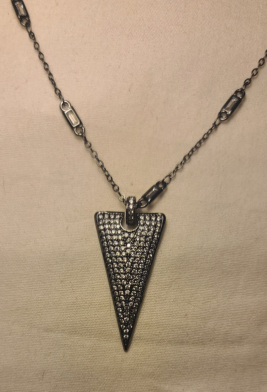 Black Triangle Pendant Necklace Handmade Stainless Steel with White Rhinestones