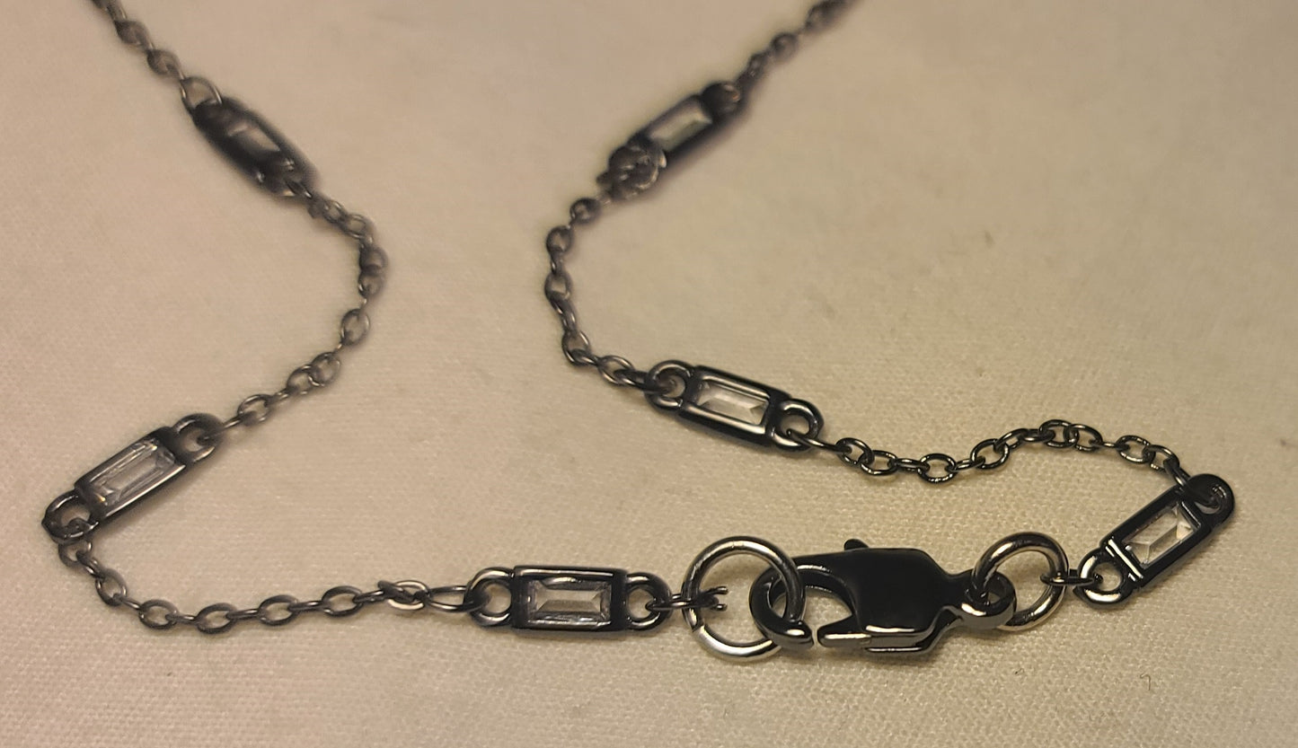 Black Triangle Pendant Necklace Handmade Stainless Steel with White Rhinestones