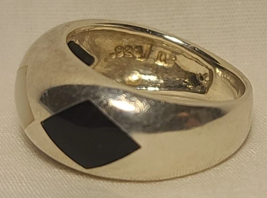 Sterling Silver Ring 7.25 – Onyx & Mother of Pearl Inlay – .925 JS Wide Band