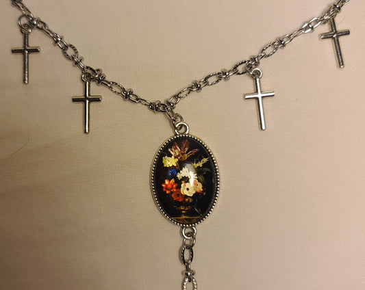 Multiple Cross & Floral Cabochon Pendant Necklace