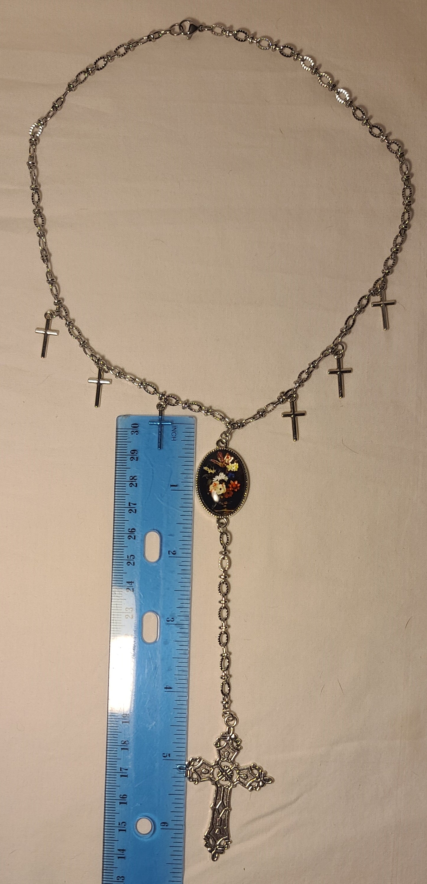 Multiple Cross & Floral Cabochon Pendant Necklace