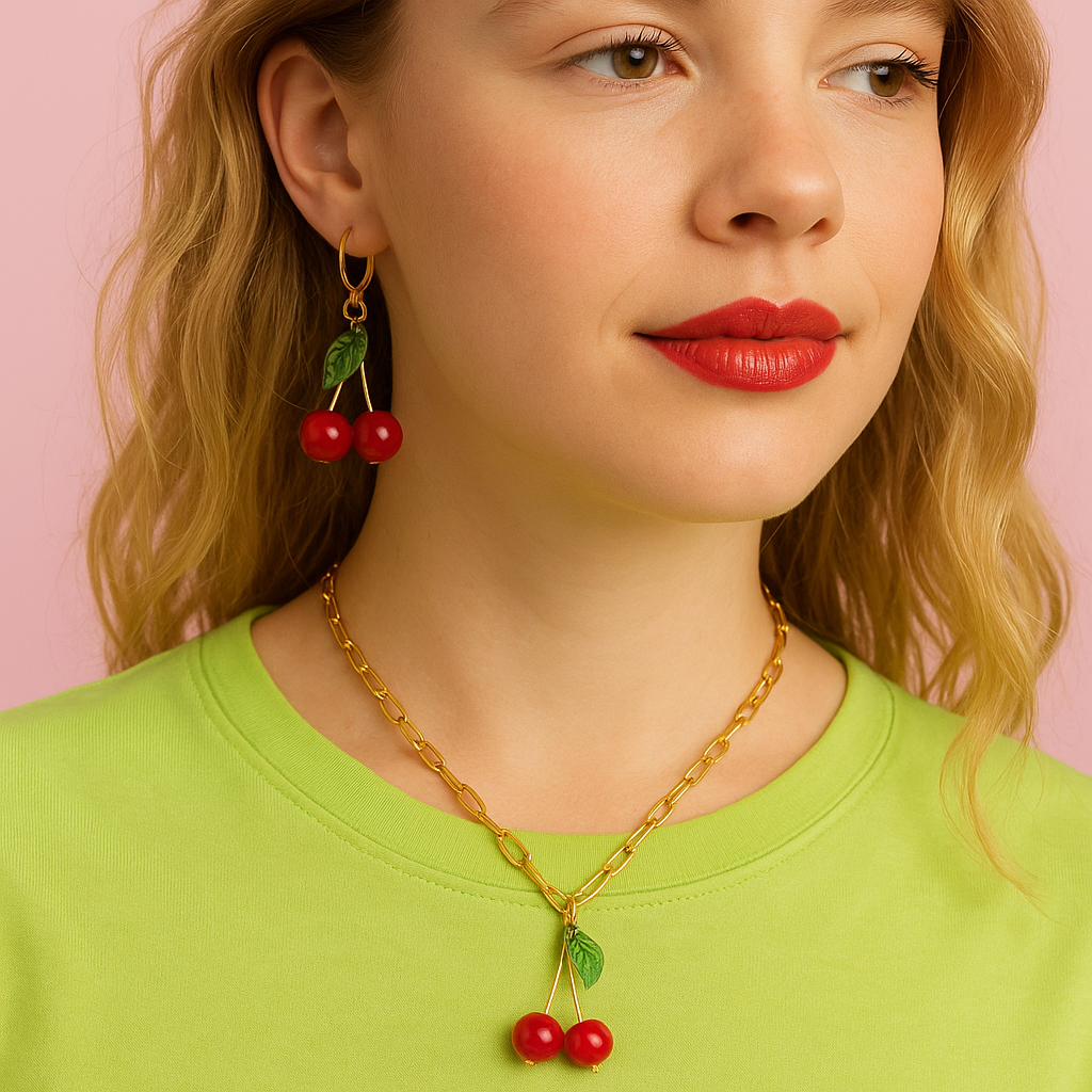 Cherry Pop Gold Stainless Necklace & Earrings Set