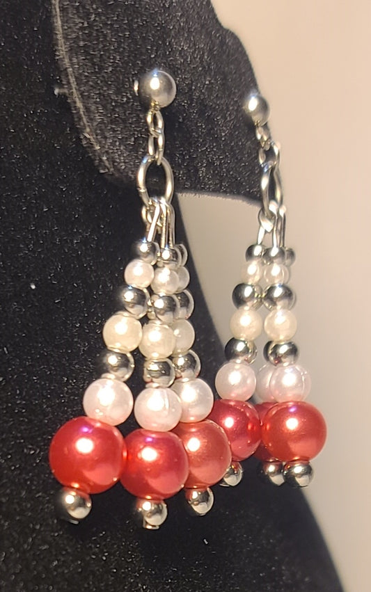 Classic Red, White & Silver Bead Party Pop Dangles with Stud Posts Stainless Steel