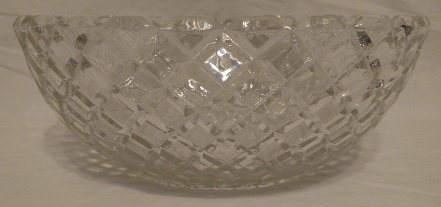 8 Inch Vintage Pressed Glass Serving Bowl, Diamond Lattice & Starburst Design