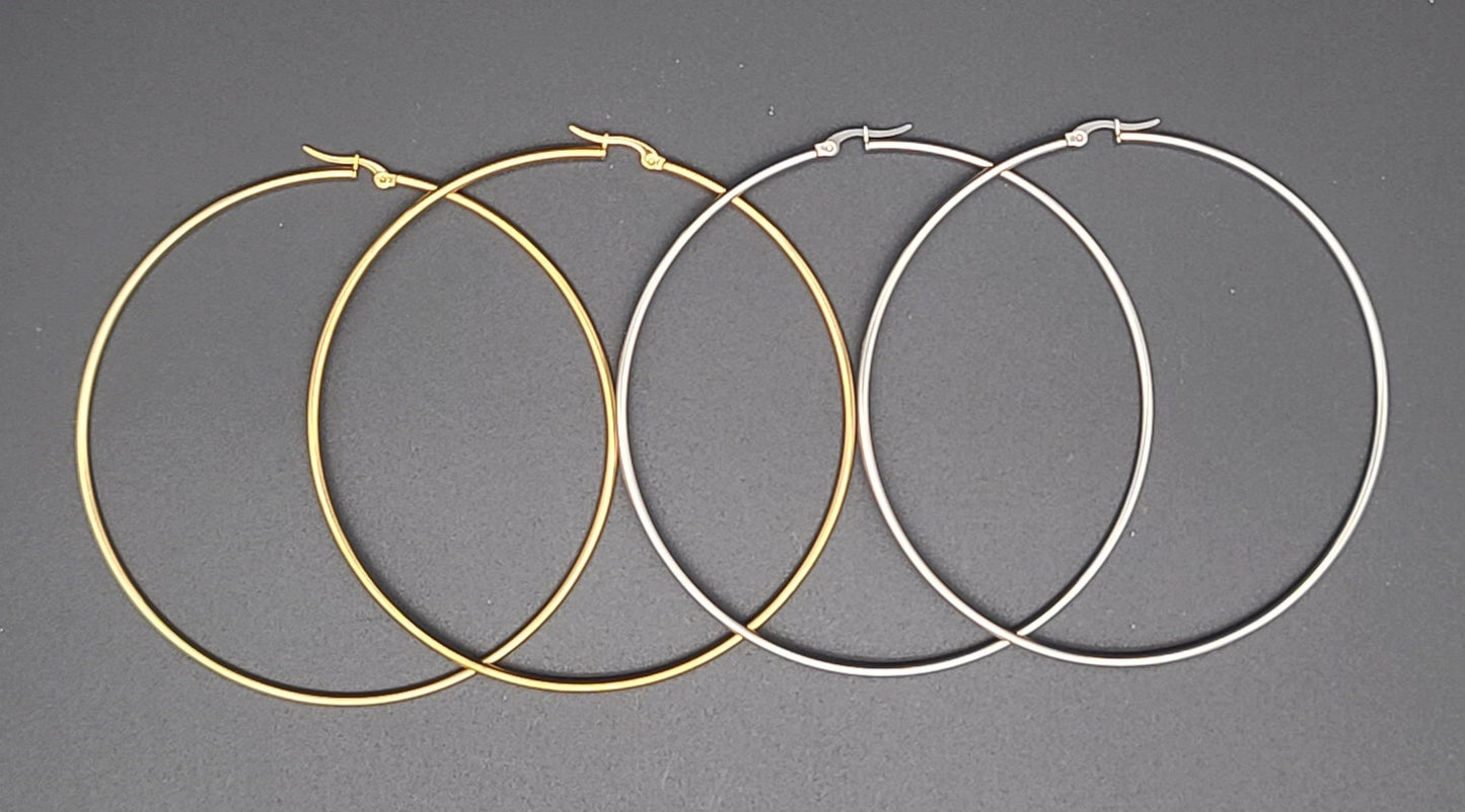 Silver & Gold Stainless Steel Hoop Earring Sets Sizes 20mm (.79 Inch) - 90mm (3.54 Inch) with Saddle Back Closure