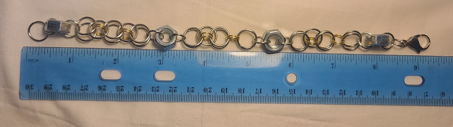 Industrial Zinc Hex Nut with Two-Tone Gold & Silver Stainless Steel Rings Bracelet 9.25" Large