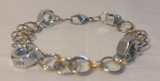 Industrial Zinc Hex Nut with Two-Tone Gold & Silver Stainless Steel Rings Bracelet 9.25" Large