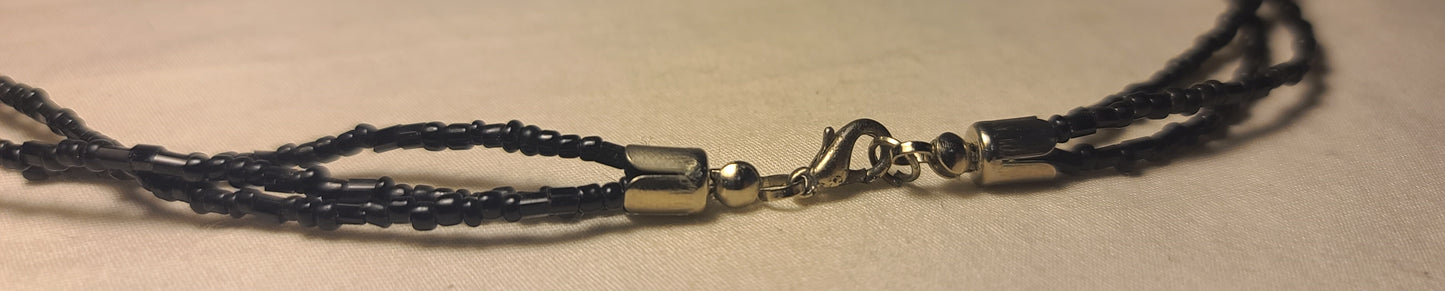 Moonstone Flower Pendant Necklace, 18" 3 Strand Black Beaded Boho Statement