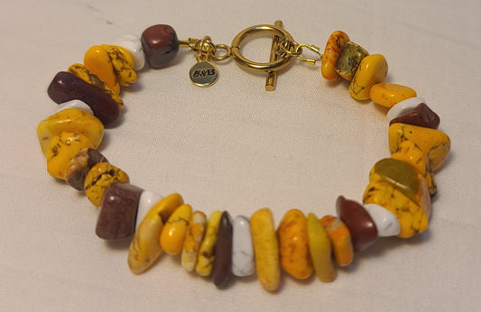 Natural Yellow/White/Red Howlite Stone Bead Bracelet – 7.5" Stainless Gold Toggle