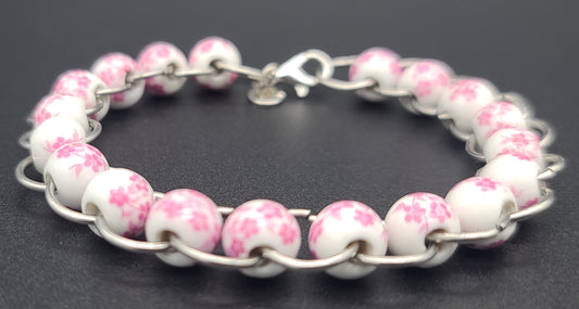 Pink Floral Porcelain & Silver Ring Bracelet 7.5"