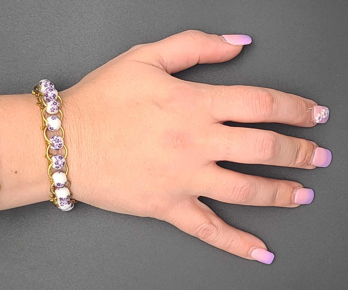 Purple Floral Porcelain & Gold Ring Bracelet 7.75"