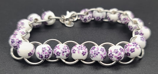Purple Floral Porcelain & Silver Ring Bracelet 7.5"