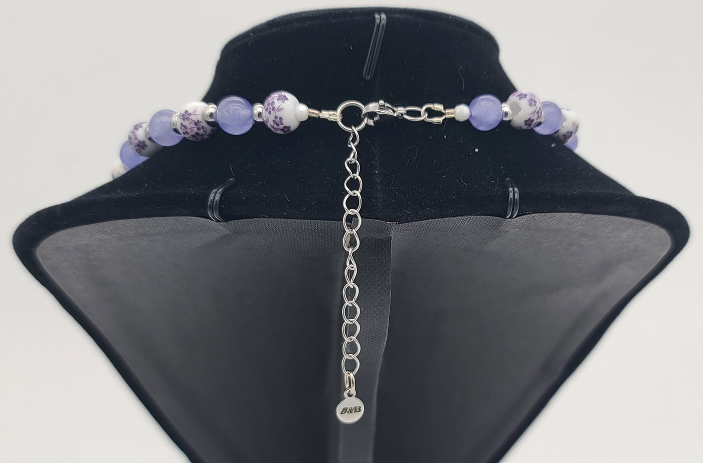 Purple Jade & Porcelain Purple Floral Stainless Steel Jewelry Set (Necklace, Bracelet, Earrings)