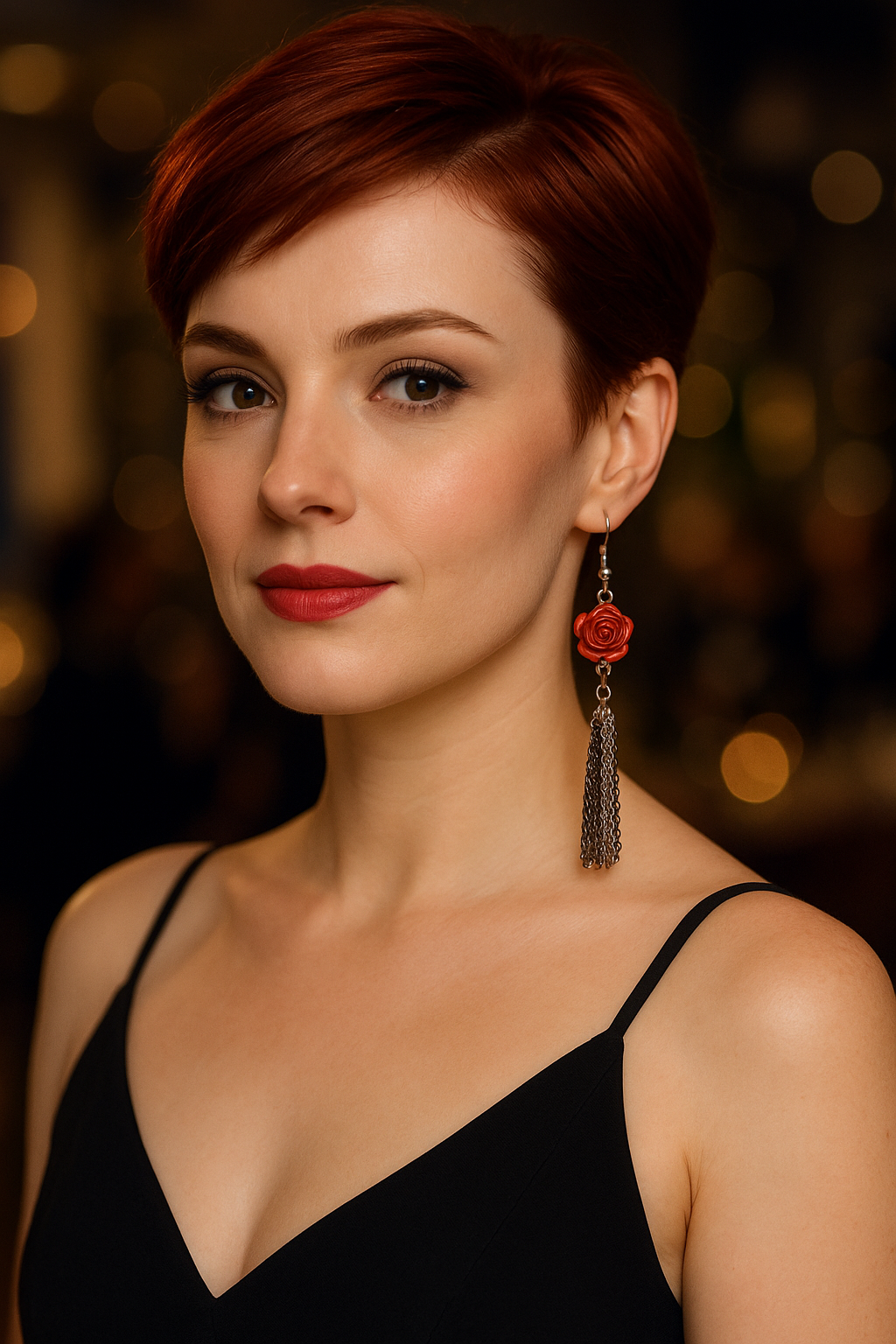 Red Flower with Stainless Steel Two-Tone Black & Silver Dangle Chain Earrings
