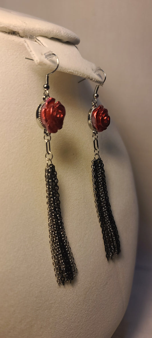 Red Flower with Stainless Steel Two-Tone Black & Silver Dangle Chain Earrings