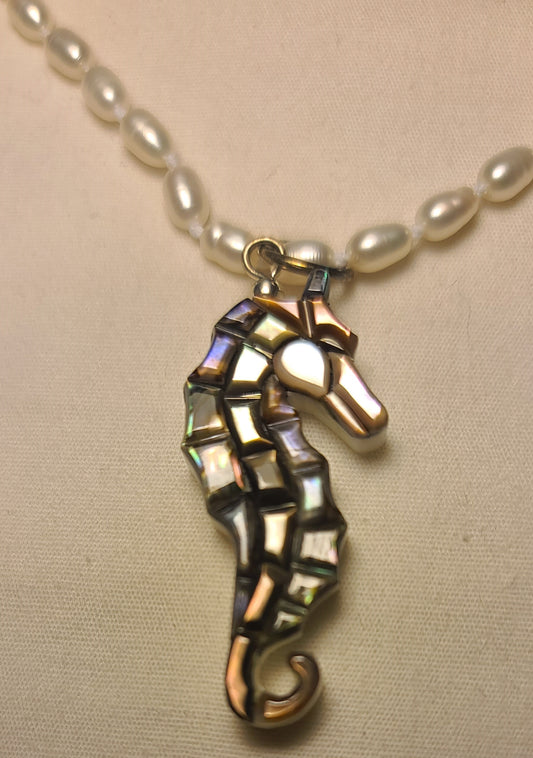 Lee Sands Abalone Seahorse Pendant with 19 Inch Pearl Necklace