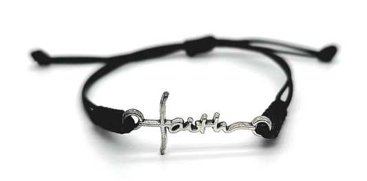 Stainless Steel Faith Cross Connector Bracelet on Black Cord with Adjustable Macramé Knot