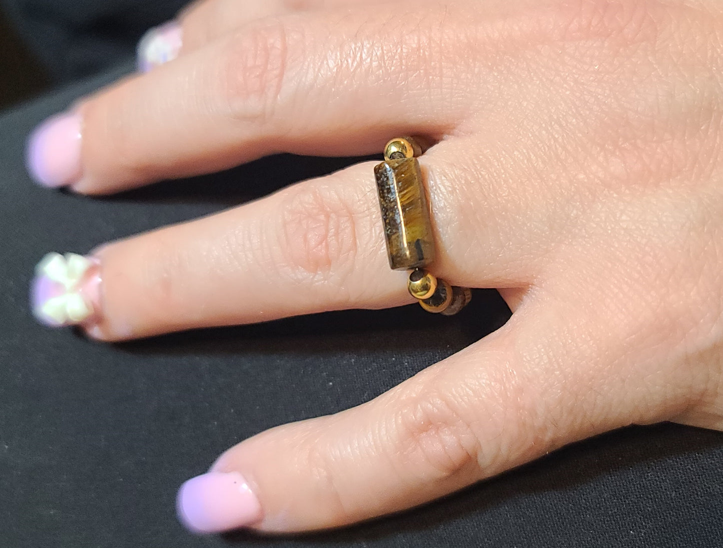 Tiger’s Eye Stretch Ring with Gold Stainless Steel, Size 6.5 - 8.5
