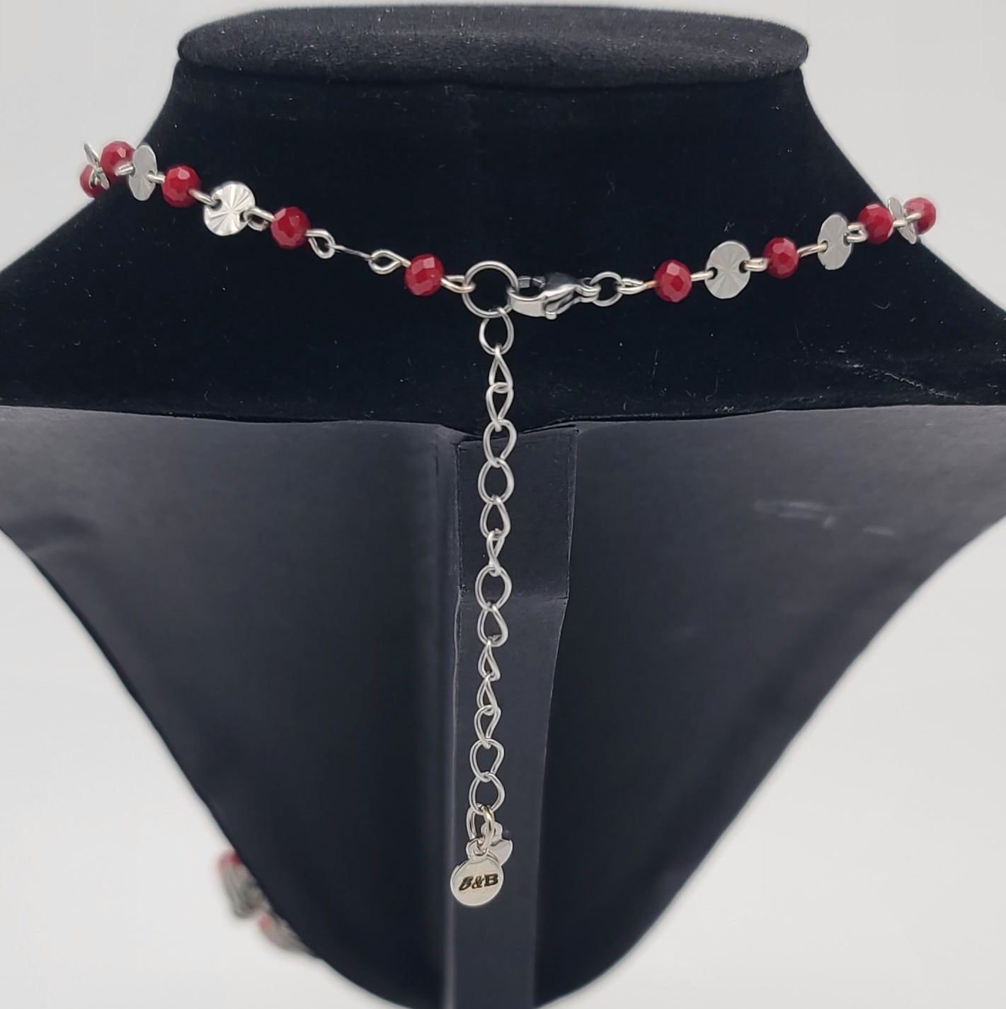 Upcycled Pendant Wreath Necklace with Butterfly Charm on Handmade Red Glass Sunburst Chain