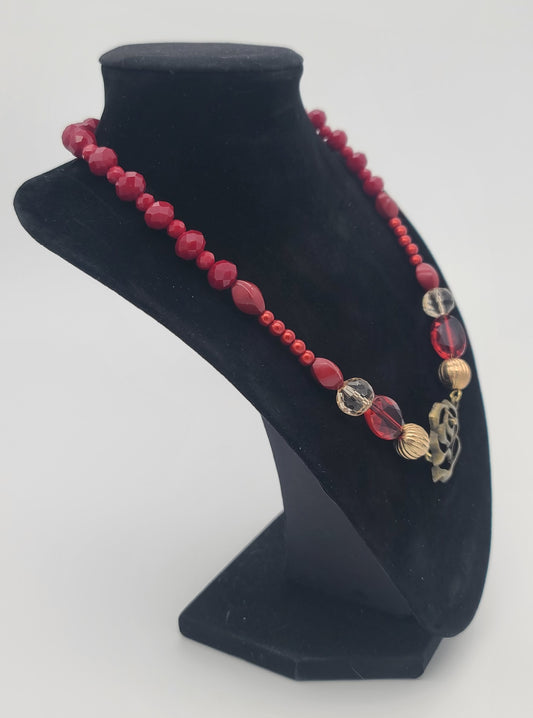 Vintage-Inspired Red Bead with Brass-Rose Statement Necklace, Stainless Hardware Adjustable 18.5–20.75"