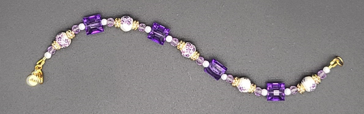 Violet Garden Bracelet, Porcelain Flowers, Faceted Pink/White, Gold Stainless 7.5"