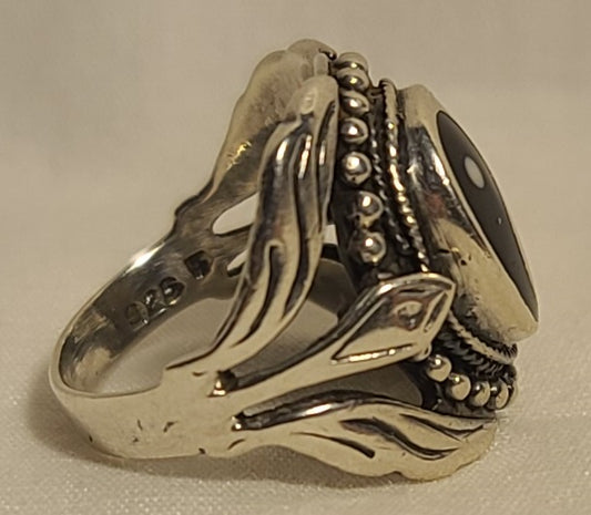 Sterling Silver Yin-Yang Ring – Size 5 – Ornate Beaded Border – 925 S Mark